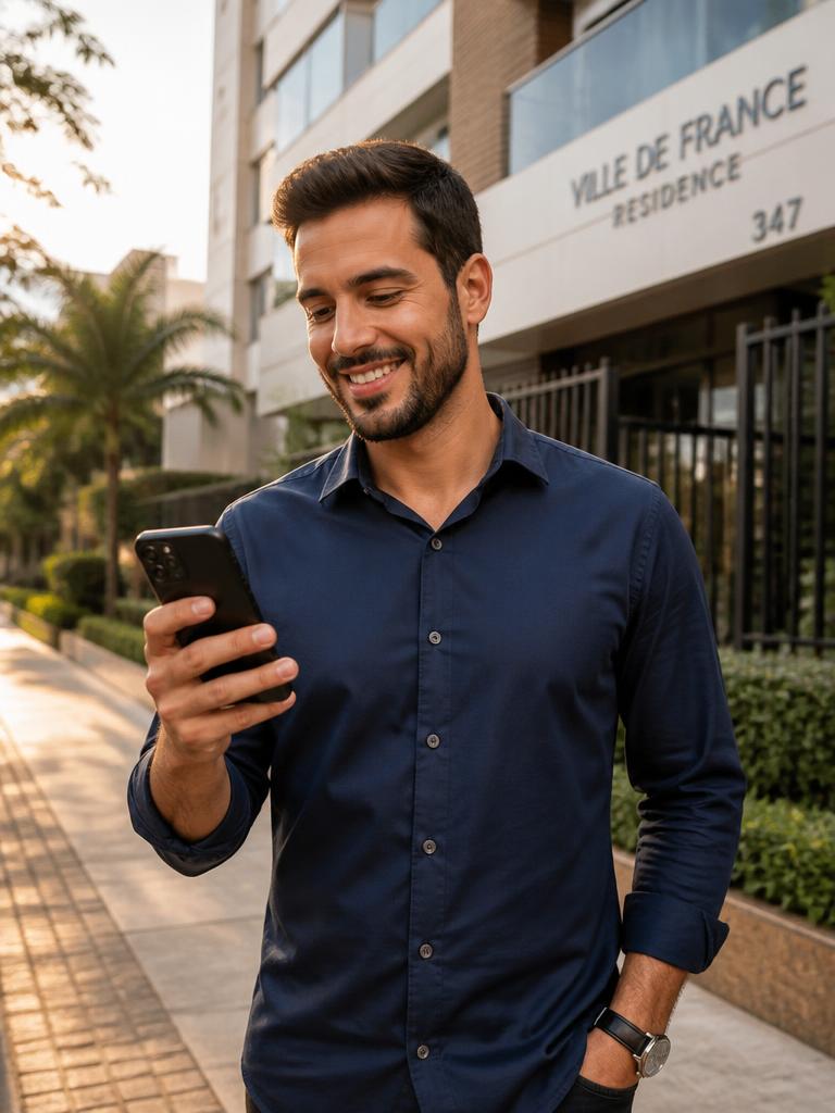 Corretor de imóveis autônomo em frente a um prédio, olhando o celular
